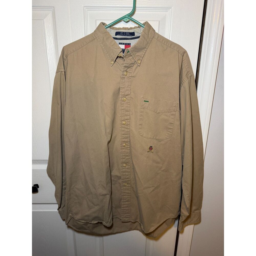 Tommy Hilfiger Khaki Button Front Shirt Men's Large Crest Logo